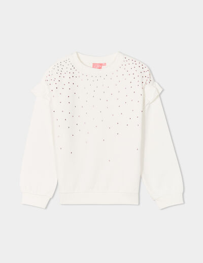 Sweat strass et volants manches longues ivoire fille