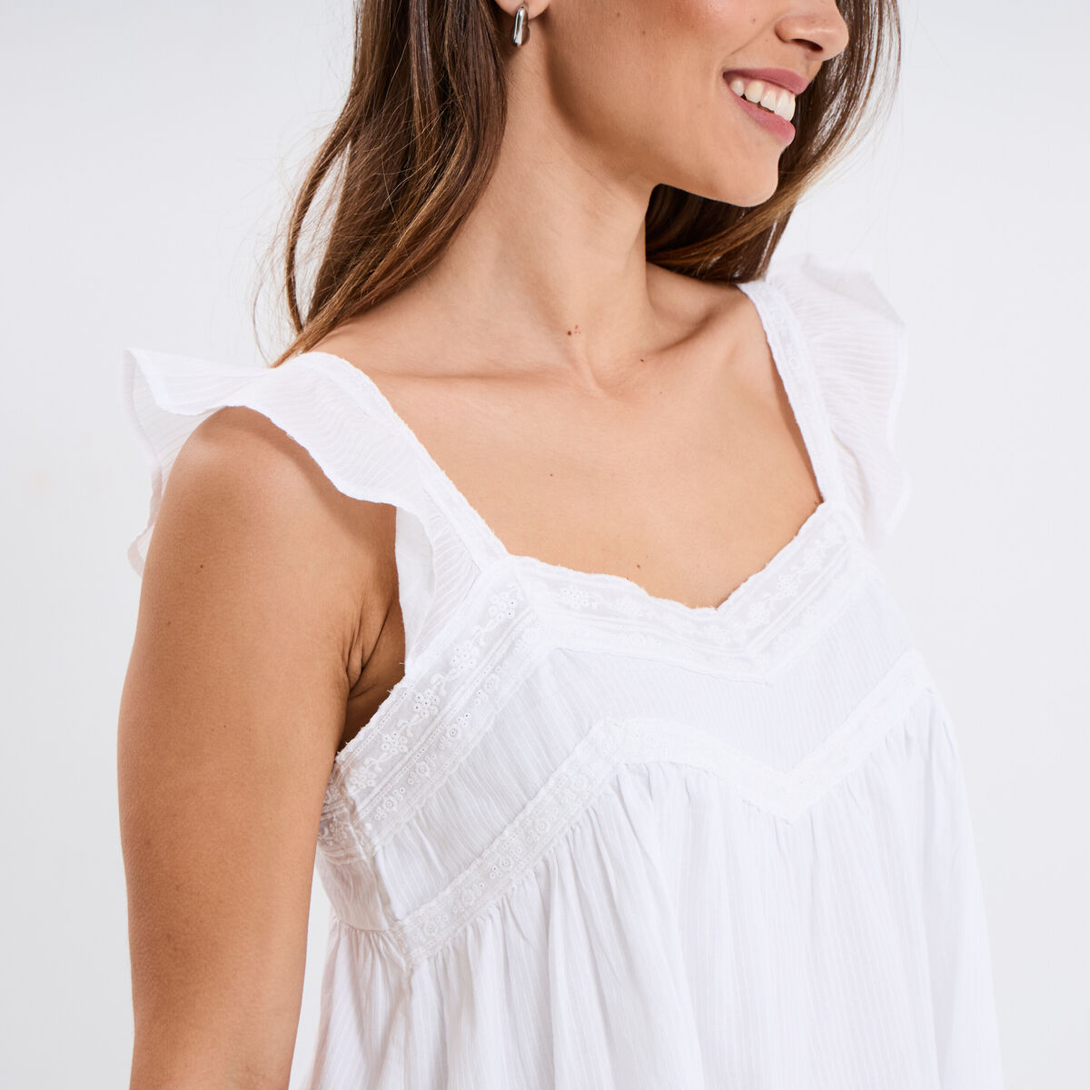Blouse bretelles à volants coton blanc femme