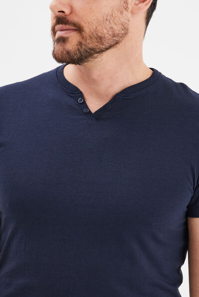 T-shirt manches courtes col tunisien bleu marine homme