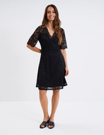 Robe courte dentelle manches courtes noir femme