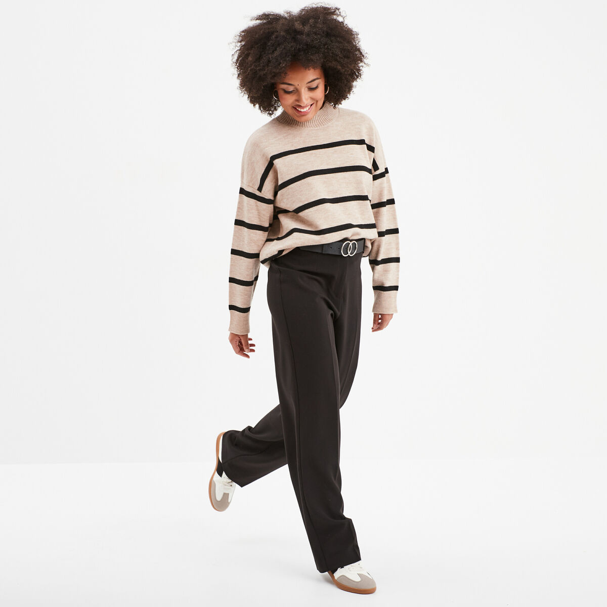 Pull col montant manches longues beige femme