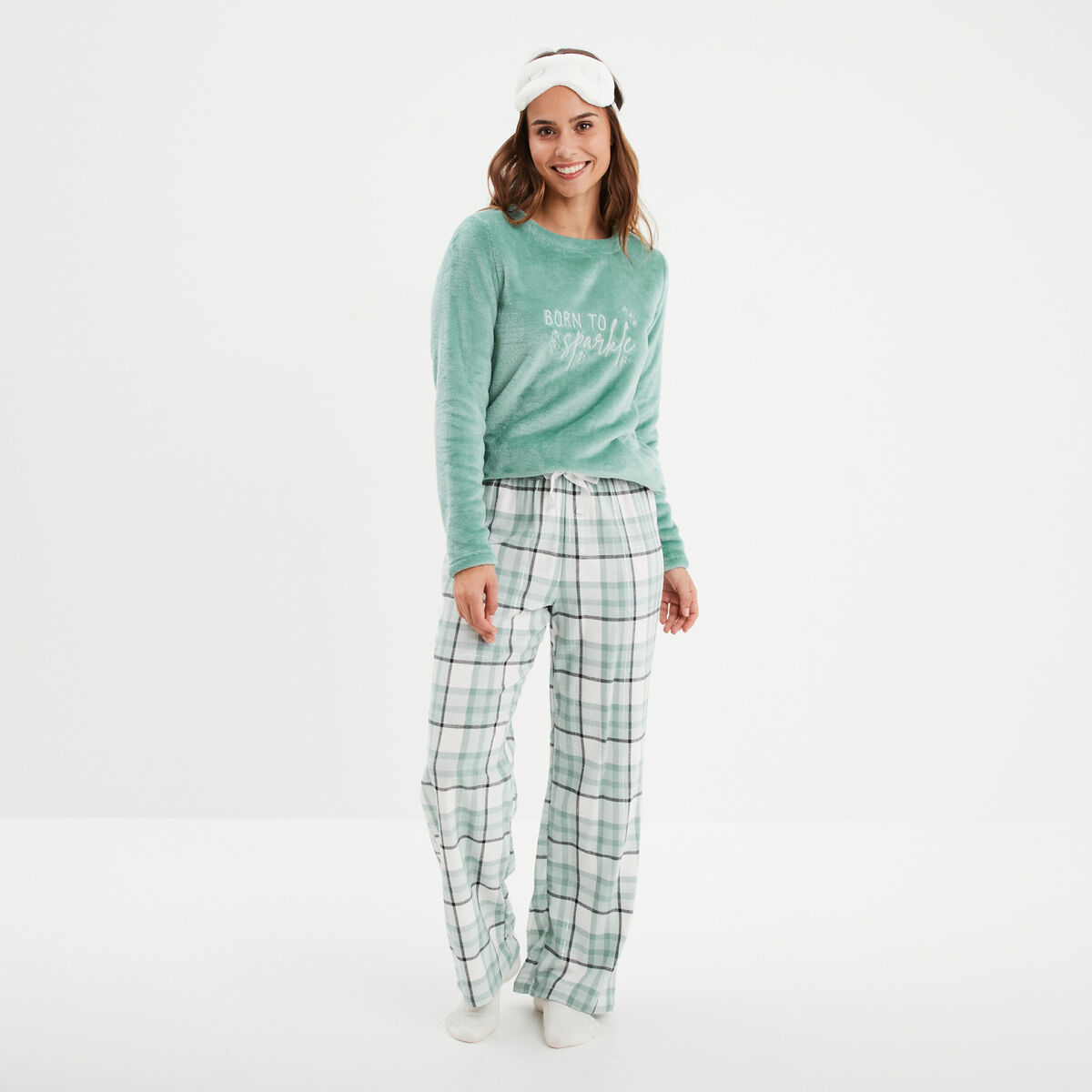 Ensemble pyjama effet polaire 3 pi&egrave;ces vert femme