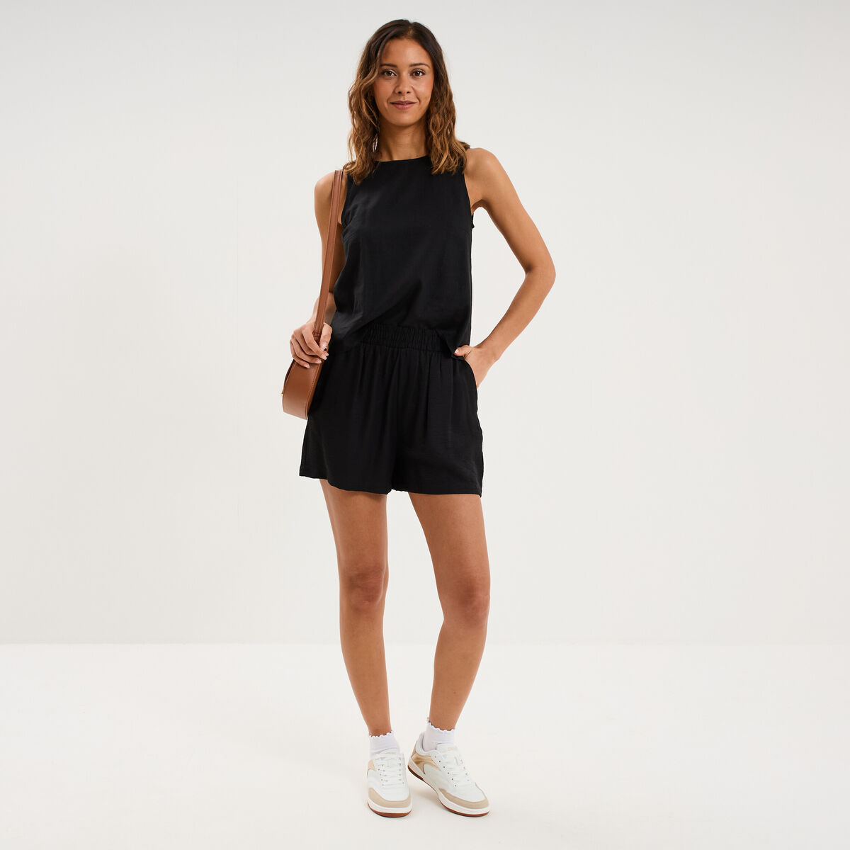 Blouse sans manches lin m&eacute;lang&eacute; noir femme