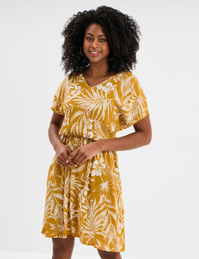 Robe caftant courte col en V jaune or femme