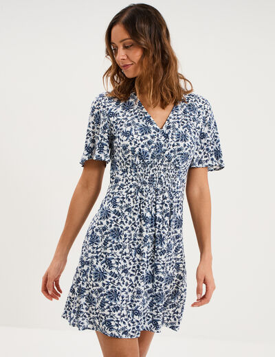 Robe courte col en V taille smock&eacute;e blanc femme