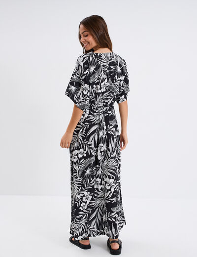 Robe longue col en V manches courtes noir femme