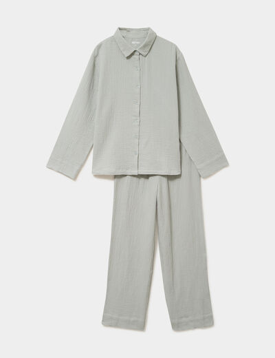 Ensemble pyjama chemise pantalon coton vert clair femme