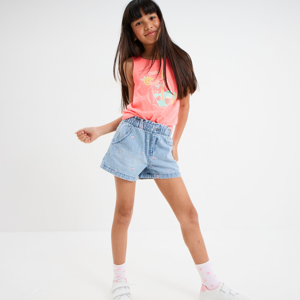 Short en jean brodé coton denim triple stone fille