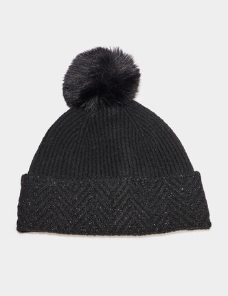 Bonnet &agrave; pompon noir femme