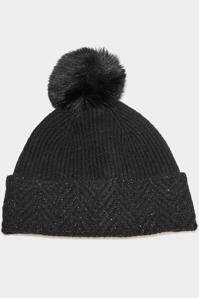 Bonnet &agrave; pompon noir femme