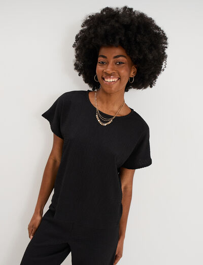 T-shirt gaufr&eacute; col rond manches courtes noir femme