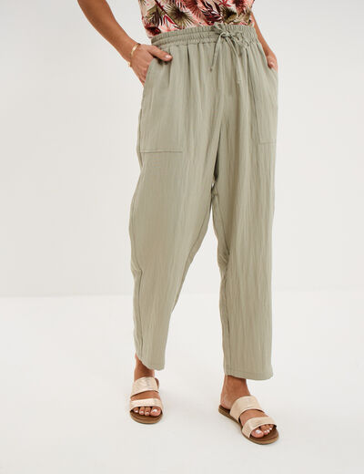 Pantalon fluide carotte &eacute;lastiqu&eacute;e vert kaki femme