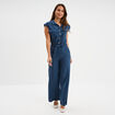 Combinaison pantalon ceintur&eacute;e bleu fonc&eacute; femme
