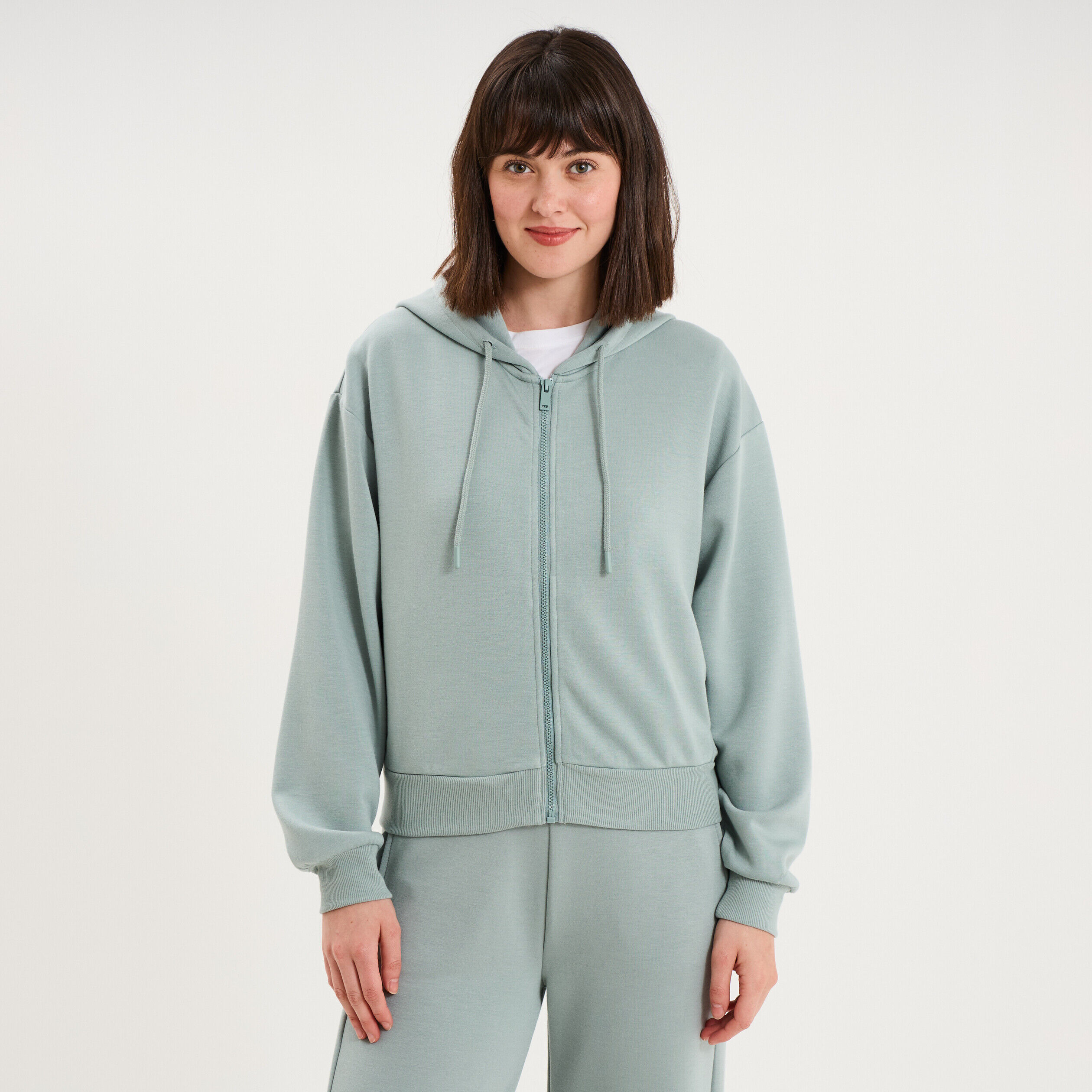 Sweat zippé à capuche bleu gris femme LH