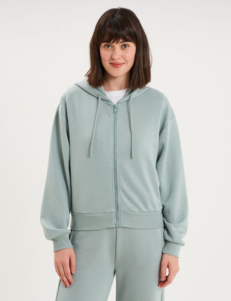 Sweat zipp&eacute; &agrave; capuche bleu gris femme