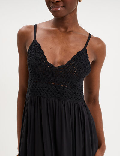 Robe longue buste effet crochet noir femme