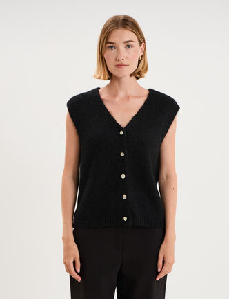 Gilet sans manches col V boutonn&eacute; noir femme