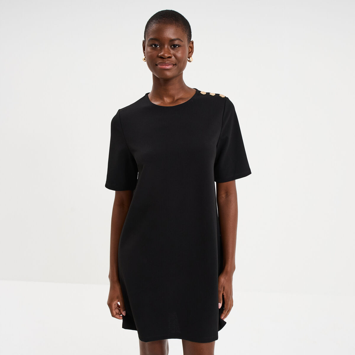 Robe droite cr&ecirc;pe manches courtes noir femme