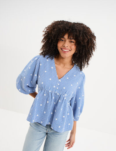Blouse brod&eacute;e &agrave; basque manches 3/4 bleu marine femme