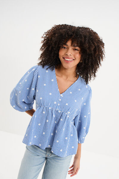 Blouse brod&eacute;e &agrave; basque manches 3/4 bleu marine femme