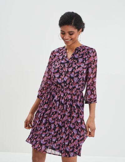 Robe évasée bas plissé manches 3/4 bleu marine femme