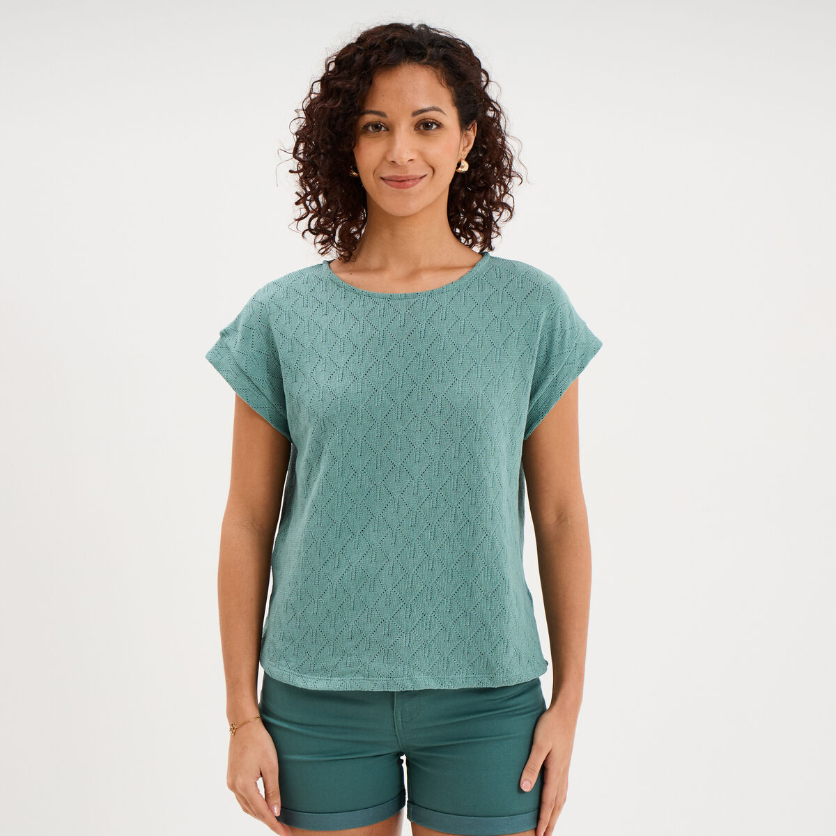 T-shirt ajour&eacute; manches courtes bleu gris femme