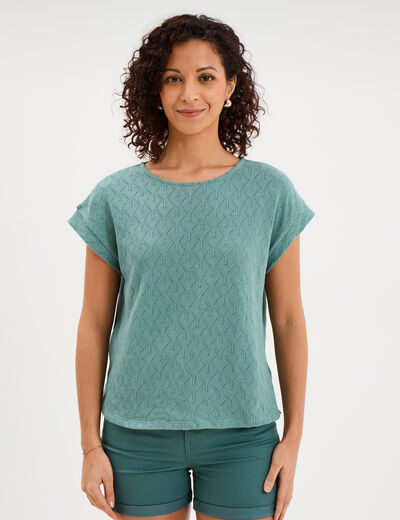 T-shirt ajour&eacute; manches courtes bleu gris femme