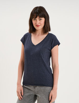 T-shirt col v poche poitrine bleu marine femme