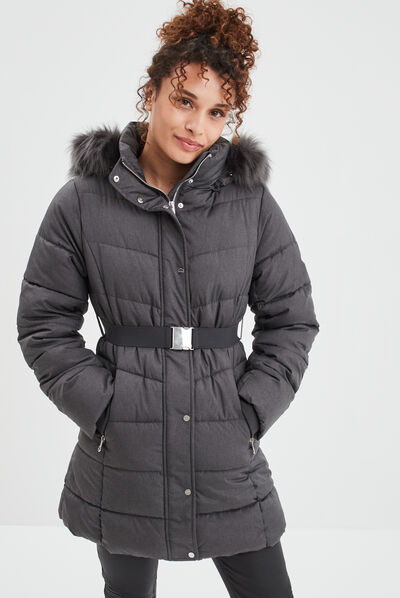 Doudoune ceinturée mi-longue à capuche gris clair femme