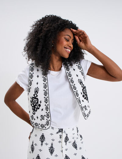 Gilet brodé court sans manches coton blanc femme