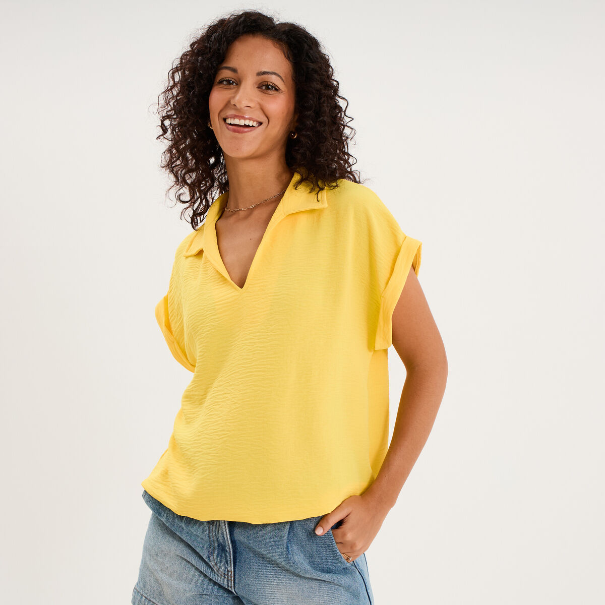 Blouse manches courtes effet boule jaune clair femme