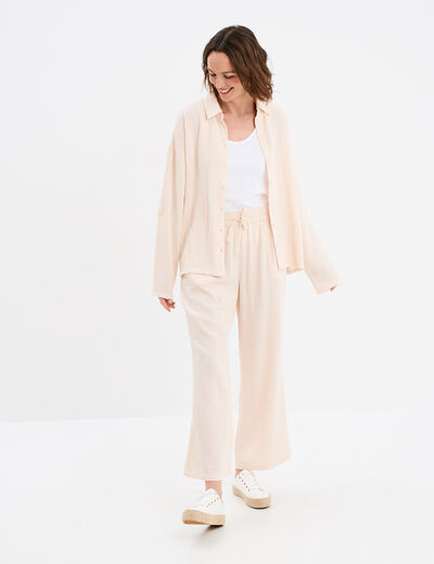 Pantalon fluide élastiqué gaze de coton beige femme