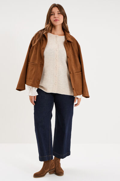 Gilet 2 en 1 manches broderie ajour&eacute;e beige femme grande taille