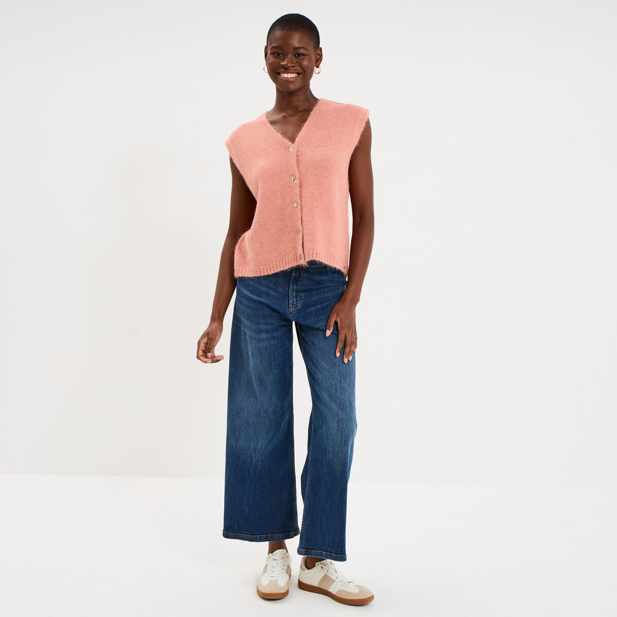 Gilet sans manches col en V rose fushia femme