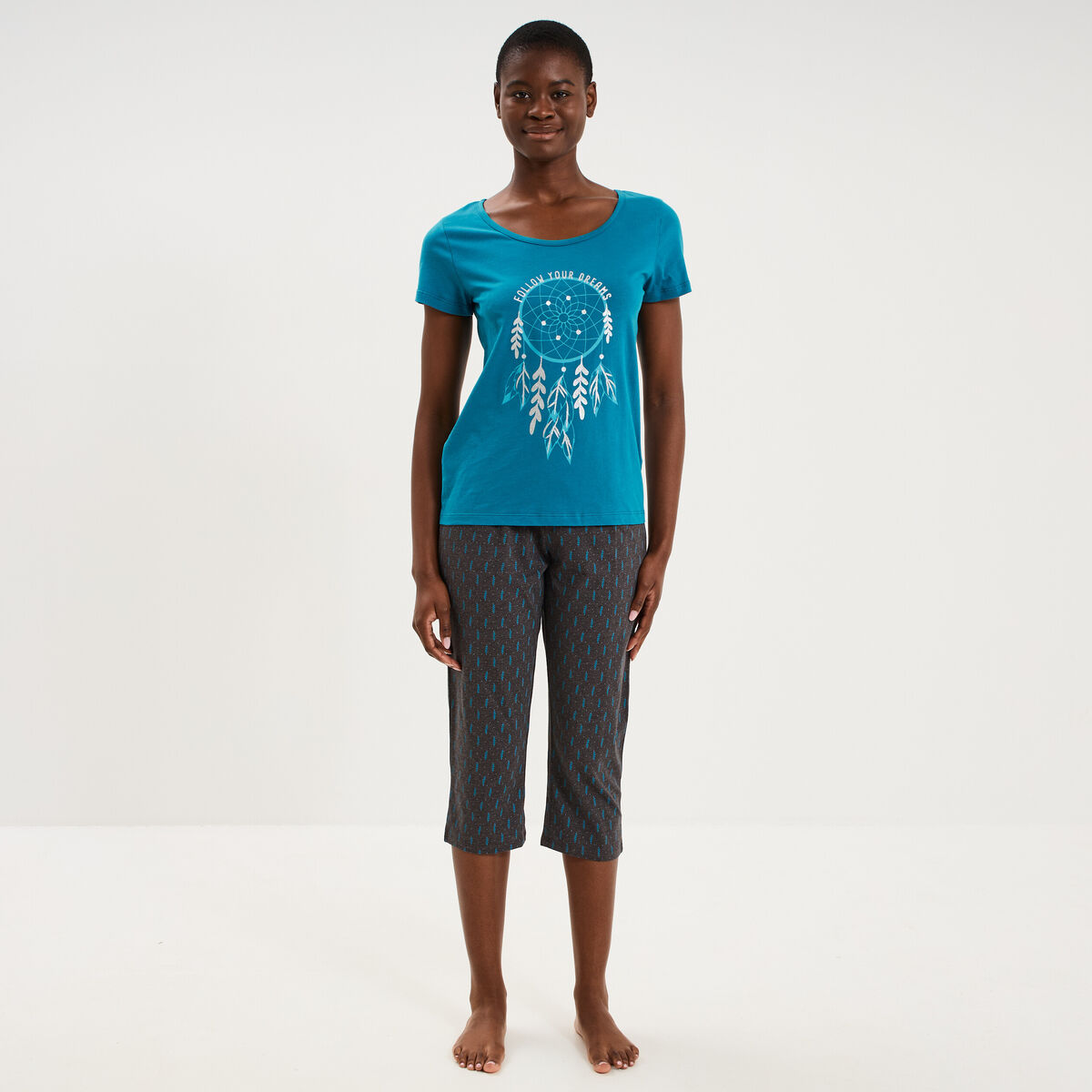 Ensemble pyjama corsaire t-shirt coton bleu canard femme