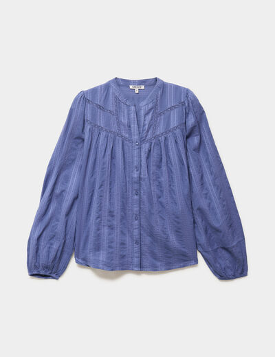 Blouse droite col tunisien coton bleu gris femme