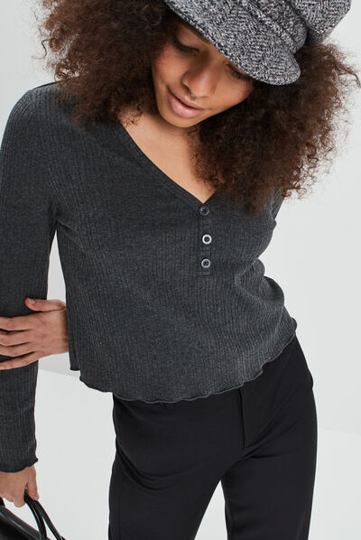 T-shirt côtelé avec col en V gris foncé femme