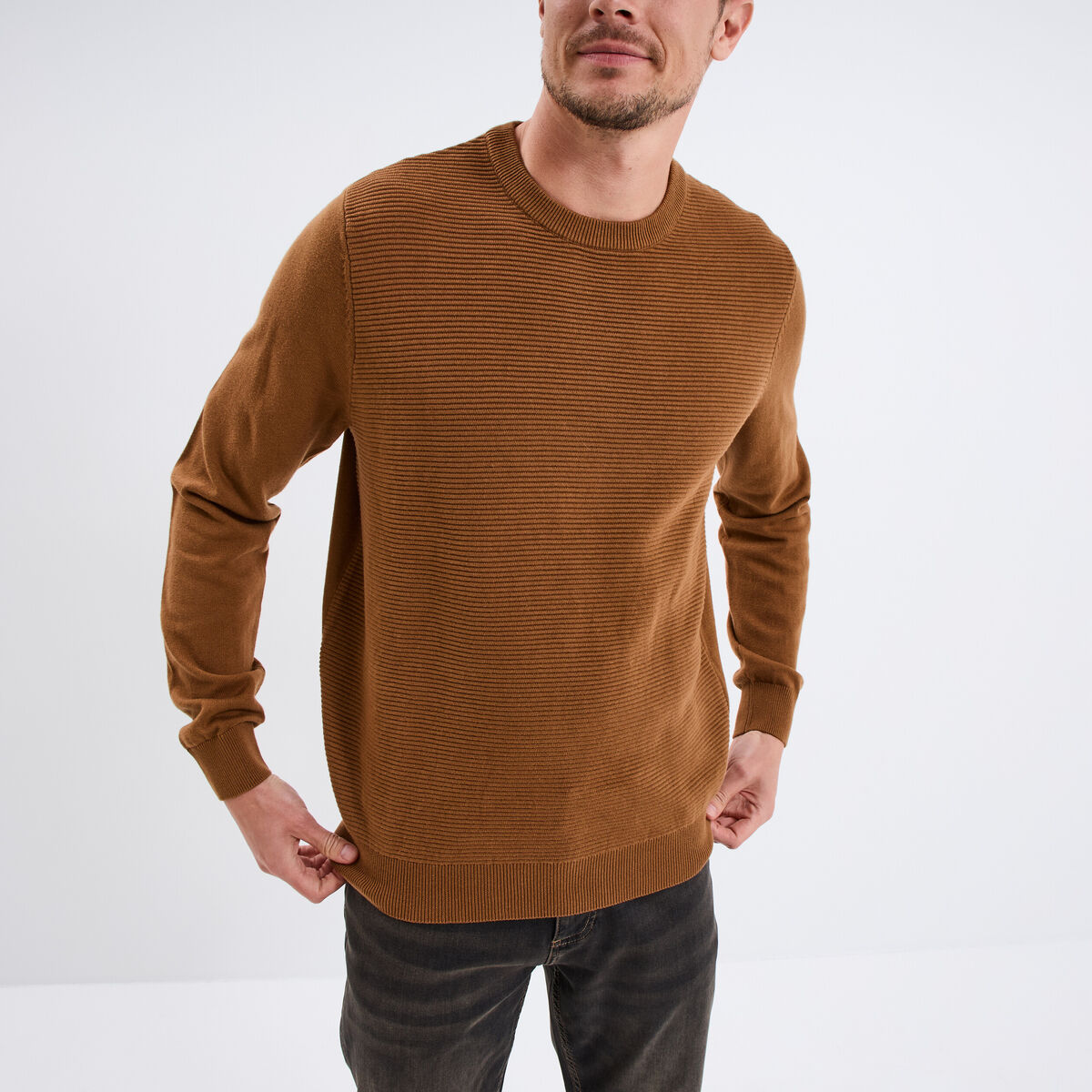 Pull col rond coton manches longues marron homme