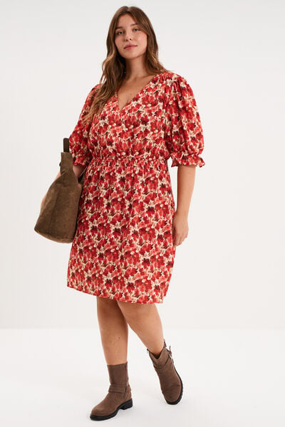 Robe longueur genou smock&eacute;e col V rouge coquelicot femme grande taille