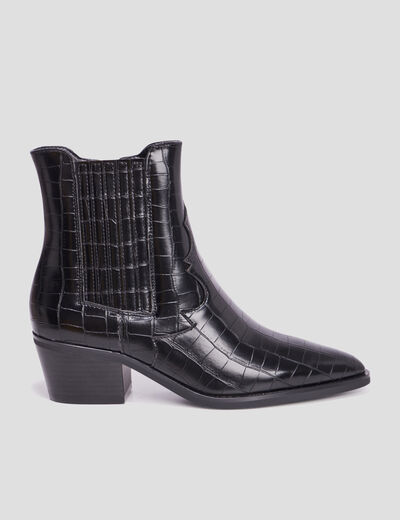 Bottines santiags aspect croco à talons noir femme