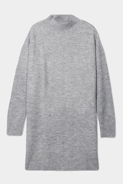 Robe pull courte avec strass gris femme