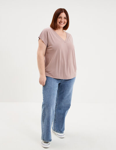 T-shirt col en V manches courtes marron clair femme grande taille