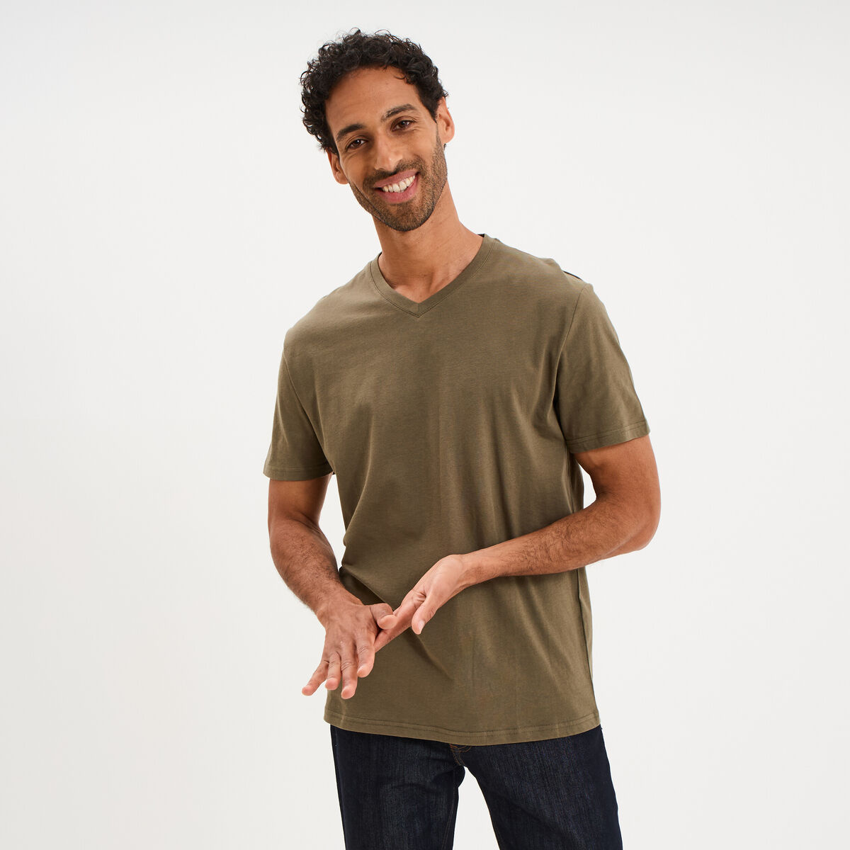 T-shirt manches courtes coton col V vert kaki homme