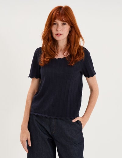 Pull ajour&eacute; col rond manches courtes bleu fonc&eacute; femme