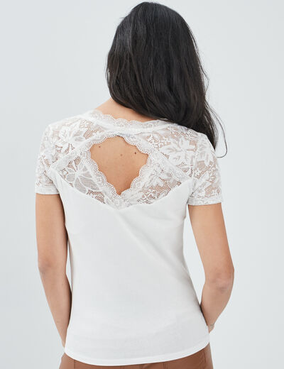 T-shirt détails dentelle dos ouvert ivoire femme