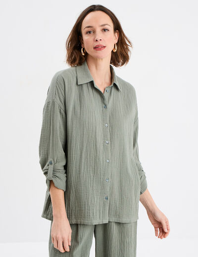 Chemise manches longues en gaze de coton vert kaki femme