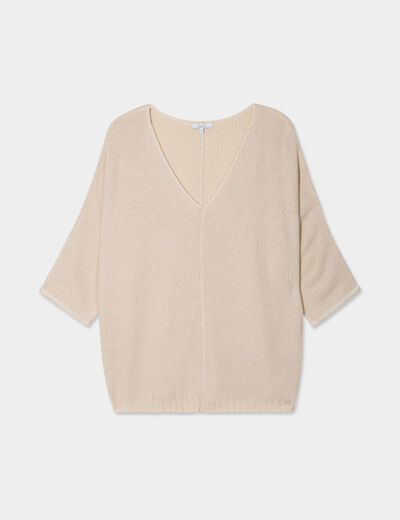 Pull manches 3/4 col en V gris clair femme grande taille