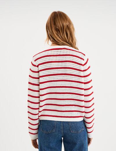 Gilet effet ajour&eacute; manches longues coton ecru femme