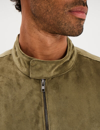 Blouson col biker en su&eacute;dine zipp&eacute; vert kaki homme