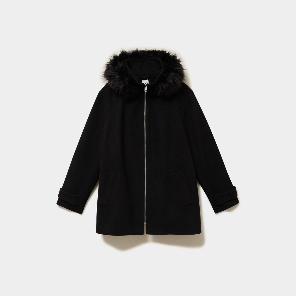 Manteau zipp&eacute; capuche fausse fourrure noir femme grande taille